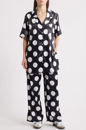 Dressed in Lala Dream So Big Polka Dot Satin Button-Up Shirt & Wide Leg Pants Set in Black/White at Nordstrom, Size Xx-Large