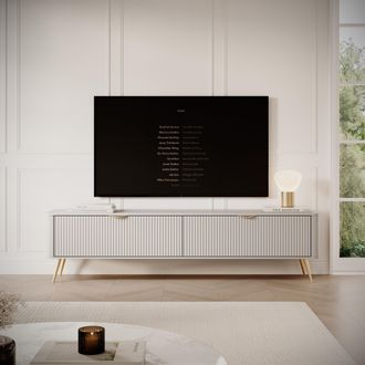 Dmora Mueble Para Tv Kala, Un Estante, 2 Puertas, Puertas Efecto Rayado Con Patas, 200x38x51h Cm Beige