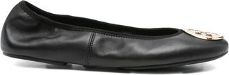 Tory Burch Zwarte leren platte schoenen met gouden logo - Dames - Ballerinas - Zwart - 36 EU - Leer - Schoenen