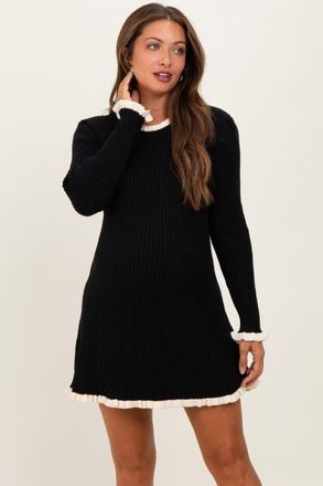 Pinkblush Ribbed Knit Contrast Ruffle Trim Mini Dress in Black at Nordstrom, Size X-Large