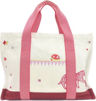 Herm&egrave;s Red Color White Canvas Tote Bag (Pre-Owned)