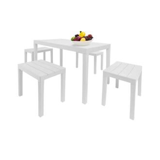 Dmora Sal&oacute;n De Jard&iacute;n Sanremo, Conjunto De Jard&iacute;n Con 1 Mesa Rectangular Y 4 Bancos, Conjunto De Interior Y Exterior Para Pic Nic, 100% Made In Italy, Blanc