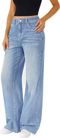 Generic High Waisted Wide Leg Jeans for Women UK Loose Fit Straight-Fit Stretch Baggy Denim Pants Summer Fashion Casual Streetwear High Elasticity Straight Le