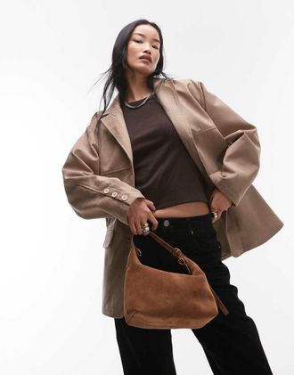 Topshop faux suede relaxed jacket in light beige-Neutral