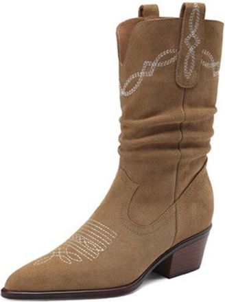 Generic Womens Mid-Calf Suede Cowboy Boots Rhinestone Embroidery Slouchy Design Pointed Toe Low Block Heels Slip On Soft Lining Durable Outsole,Apricot,3.5 UK