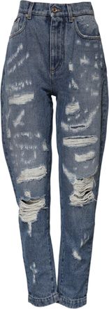 Dolce & Gabbana Womens Blue Cotton Tattered High Waist Denim Jeans Clothing