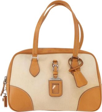 Prada Bowler Bag Canvas With Leather Beige Canvas Handbag (Pre-Owned)