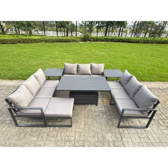 Fimous Aluminum U-Shaped 10-Seater Dining Set with Lifting Table, Big Stool in Dark Grey