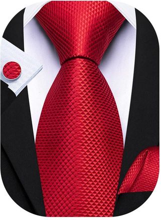 Barry.Wang Red Tie Mens 63 Extra Long Plaid Silk Necktie Pocket Square Cuff Links Wedding Formal Party