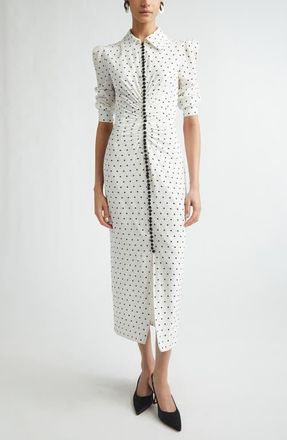 Carolina Herrera Polka Dot Fitted Ruched Silk Cr&ecirc;pe de Chine Shirtdress in Ivory Multi at Nordstrom, Size 10