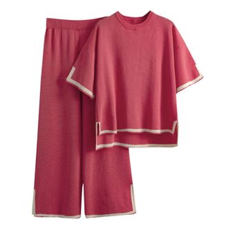 Generic 2 Piece Outfits Co Ord Sets for Women Sweater Sets LoungeSilk Feel Oversized Casual Short Sleeve Knit Pullover Oversized T Shirts Tops Wide Leg Pants 