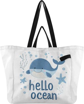 Generic Blue Whale Starfish pattern Reusable Canvas Tote Bag, Heavy Duty Grocery Shopping Bag with Large Capacity Double Handles Hard Bottom Work Groceries Tr