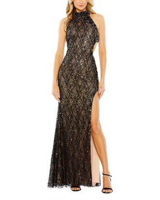 Mac Duggal Side Cut Out High Neck Sequin Gown