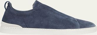 Ermenegildo Zegna Mens Triple-Stitch Suede Slip-On Low-Top Sneakers