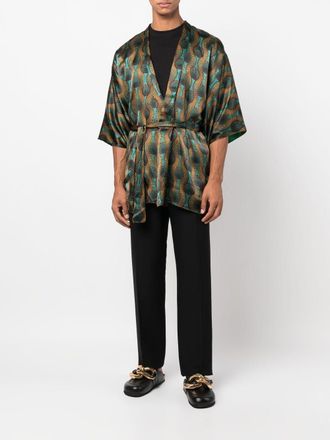 Ozwald Boateng Geometric-Print Silk Overshirt - Teal