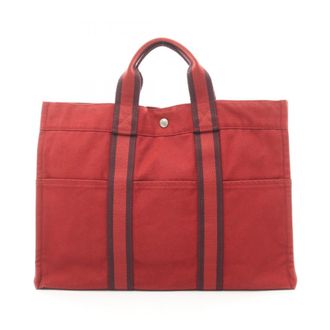 Herm&egrave;s Bordeaux Red Color Canvas Handbag Tote Bag (Pre-Owned)