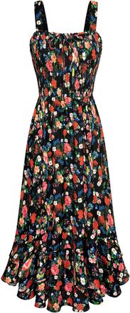 Grace Karin Women Summer Casual Floral Maxi Dresses Smocked Strappy Sun Dress Square Neck Black with Red Rose S