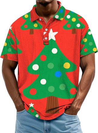 Generic Christmas Polo Shirts for Men Xmas Tree Santa Snowflake Print Golf Shirts 1/4 Button Lapel Short Sleeve Holiday Party Tees, Z01-Christmas Tree, XXL