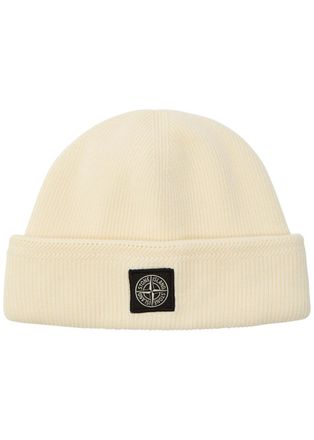 Stone Island Compass Logo-appliqu&eacute;d Ribbed Cotton-knit Beanie - Ivory - One Size