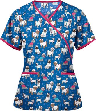 Generic Cute Scrubs Uniforms for Women Uniform Cat Grooming Cute Printed Nurses Uniform Lace up Nurses Scrubs Top Short Sleeve Beauty Tunics Tops Spa Salon Wo