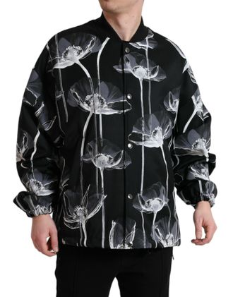 Dolce & Gabbana Mens Black Floral Print Wool Button Down Bomber Jacket Virgin Clothing