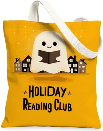 Generic Holiday Ghost Canvas Tote Bags, Cute Spooky Character Design Reusable Grocery Bags, Lightweight Washable Shoulder Strap Can, Yellow, 13x15 Inch