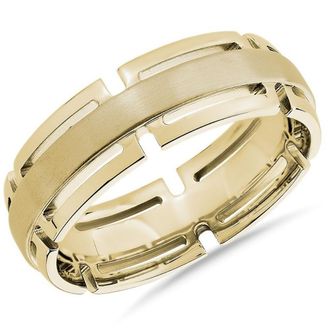 Pompeii3 Mens 7mm Modern Link Edge Wedding Ring in White, Yellow, or Rose Gold