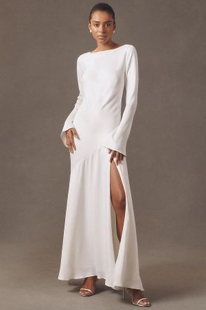 BHLDN Long-Sleeve Cowl-Back Drop-Waist Side-Slit Maxi Dress
