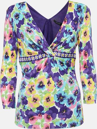 Versace Multicolor Floral Jersey V-Neck Long Sleeve Top