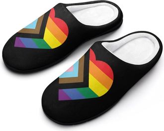 Generic Heart Progress Proud Flag LGBTQ Funny Mens Cotton Slippers Soft Non-Slip Rubber Sole House Slipper Indoor Outdoor
