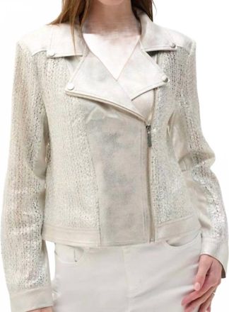 Joseph Ribkoff Foiled Faux Suede Moto Jacket In Champagne