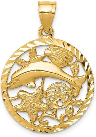 Diamond2Deal 14k Yellow Gold Diamond-cut Dolphin and Shells Circle Pendant