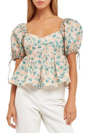 English Factory Floral Puff Sleeve Cotton Top in Green Multi at Nordstrom, Size X-Small