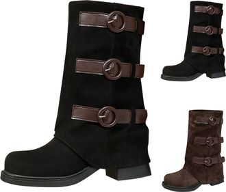 Generic Fold Over Boots for Womens Suede Mid-Calf Boots Round Toe Pull On Buckle Tall Booties Chunky Low Heel Slip-on Shoes Winter Anti-Slip Motorcycle Riding