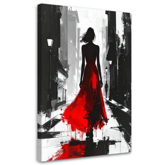 Feeby Cuadro En Lienzo, Mujer Abstracta Con Vestido Rojo Caminando Por La Calle, 80x120