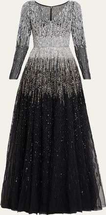 Pamella Roland Ombre Embroidered Tulle Long-Sleeve Gown
