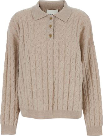Lisa Yang magnolie Beige Cable Knit Polo Shirt-style Sweater With Classic Collar In Cashmere Woman