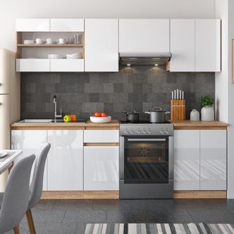 Vicco Mueble De Cocina Raul, Blanco, 240 Cm, Et Sonoma Con Tira De Led