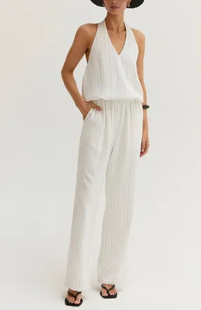 Crescent Pinstripe Halter Linen Blend Jumpsuit in White at Nordstrom, Size X-Small