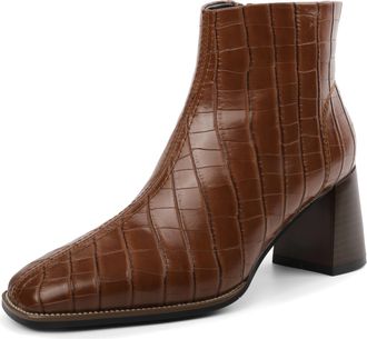 EDEFS Women Ankle Booties with Chunky Block Heel Square Toe Short Boots Side Zipper Comfortable Winter Shoes for Daily Work Party Brown UK2