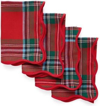 Solino Home Linen Dinner Napkins Set of 4, 20 x 20 Inch for Dining Table, Holiday and Everyday Table Decor - Giselle Scallop Edge in Madras Holiday
