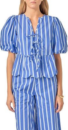 English Factory Stripe Tie Front Puff Sleeve Top in Navy/blue at Nordstrom, Size X-Small