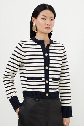 Karen Millen Womens Cotton Cropped Knit Boxy Striped Cardigan - Multicolour - Size X-Small