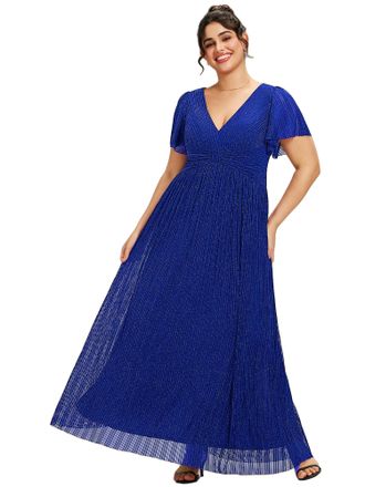 Ever-pretty Womens V Neck Short Sleeve Elegant Floor Length A Line Long Tulle Evening Dresses Sapphire Blue 24UK