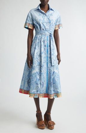 Etro Short Sleeve Poplin Midi Shirtdress in Print On Pale Blue Base at Nordstrom, Size 40