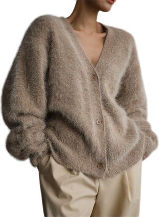 Generic Faux Mink Knit Cardigan Sweater Womens Fuzzy Cardigan Long Sleeve Casual Knit Sweater Coat (Khaki,L)