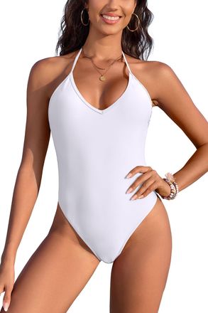 SHEKINI Womens One Piece Swimsuit Halter V Neck Push Up Swimming Costume High Cut Bathing Suit Backless Vintage Sexy Thong Monokini Swimwear, White, XL
