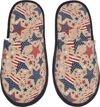 Generic Plush Mens Slipper Stars American Flag House Shoes Breathable Womens Slippers for Bedroom Ladies Winter M