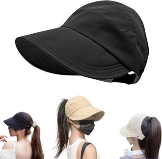 Generic Outdoor UV Protection Hollow Top Sun Hat,Wide Brim Equipped with Metal Hooks On Both Ends,Adjustable Foldable Summer Hat (UK, Alpha, One Size, Black)