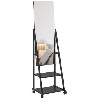 HOMCOM Free Standing Full Length Mirror - Rolling Full Body Mirror with Adjustable Angle - 2 Storage Shelves and 4 Wheels for Bedroom - Living Room